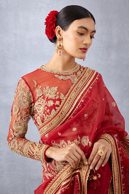 Torani_Red Chiffon Sindoori Ojasvi Choli _Online_at_Aza_Fashions