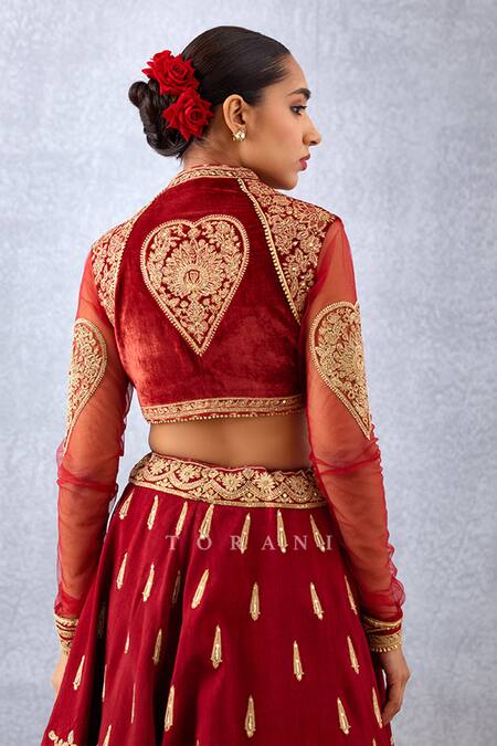 Shop Torani Red Silk, Velvet, Net Sindoori Taashi Choli Online at Aza Fashions Shop_Torani_Red Silk, Velvet, Net Sindoori Taashi Choli _Online_at_Aza_Fashions