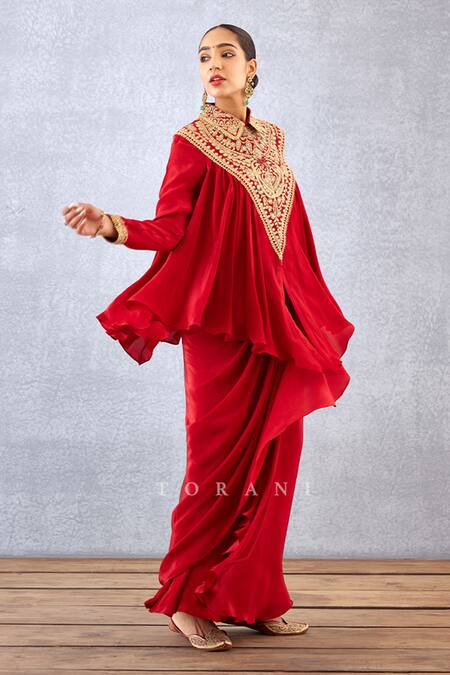 Buy_Torani_Red Silk, Crepe Embroidery Collared Sindoori Saroja Shirt And Dhoti Skirt Set _Online_at_Aza_Fashions
