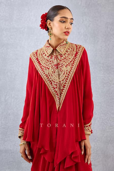 Shop_Torani_Red Silk, Crepe Embroidery Collared Sindoori Saroja Shirt And Dhoti Skirt Set _Online_at_Aza_Fashions