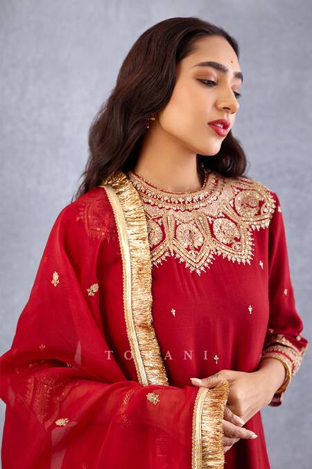 Buy_Torani_Red , Cotton, Organza Embroidery Round Sindoori Urvi Kurta Pant Set _Online_at_Aza_Fashions