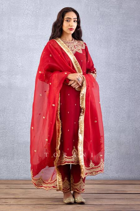 Shop_Torani_Red , Cotton, Organza Embroidery Round Sindoori Urvi Kurta Pant Set _Online_at_Aza_Fashions