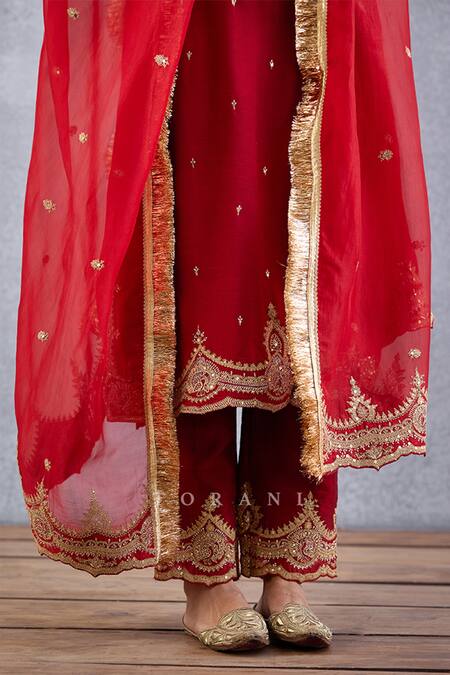 Torani_Red , Cotton, Organza Embroidery Round Sindoori Urvi Kurta Pant Set _at_Aza_Fashions
