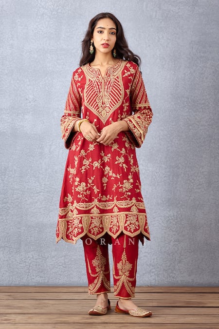 Torani_Red Silk, Cotton Embroidery Split V-neck Sindoori Kanak Kurta Set _Online_at_Aza_Fashions