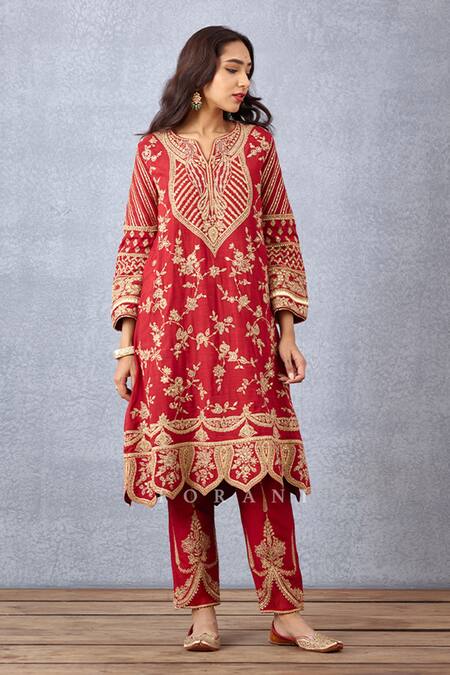 Buy_Torani_Red Silk, Cotton Embroidery Split V-neck Sindoori Kanak Kurta Set _Online_at_Aza_Fashions