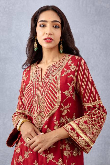 Shop_Torani_Red Silk, Cotton Embroidery Split V-neck Sindoori Kanak Kurta Set _Online_at_Aza_Fashions