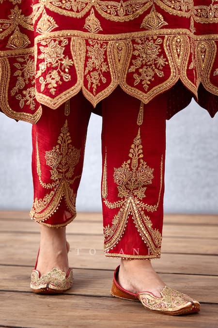 Torani_Red Silk, Cotton Embroidery Split V-neck Sindoori Kanak Kurta Set _at_Aza_Fashions