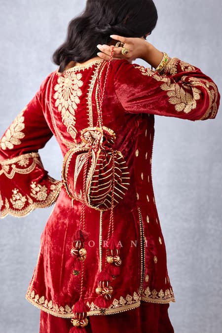 Torani_Red Embroidery, Sequins Sindoori Gurleen Silk Velvet Potli _Online_at_Aza_Fashions