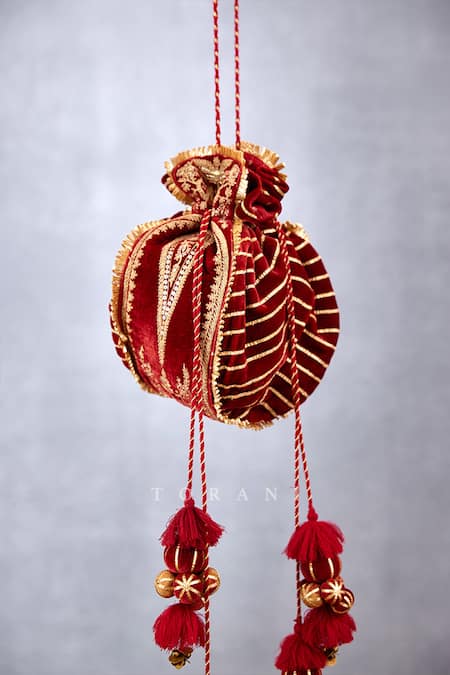 Buy_Torani_Red Embroidery, Sequins Sindoori Gurleen Silk Velvet Potli _Online_at_Aza_Fashions