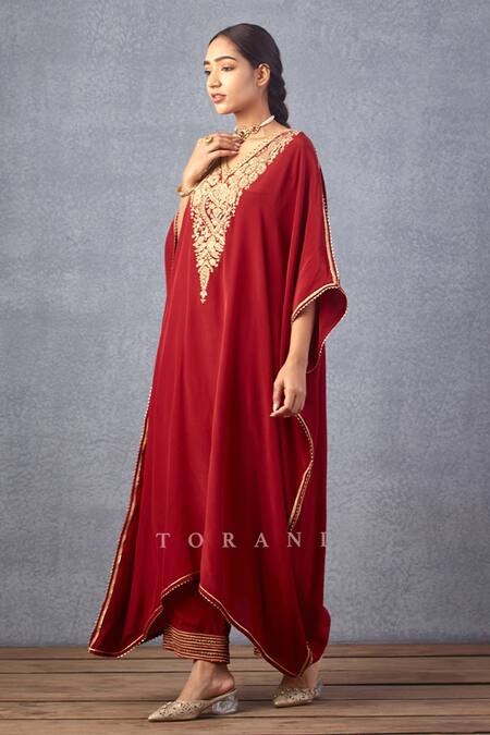 Buy_Torani_Red Silk Gota Patti V-neck Sindoori Ashni Kaftan And Pant Set _Online_at_Aza_Fashions