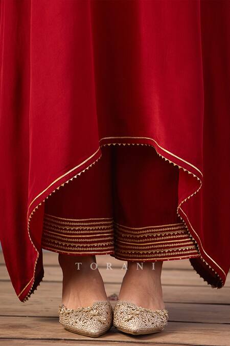 Shop_Torani_Red Silk Gota Patti V-neck Sindoori Ashni Kaftan And Pant Set _Online_at_Aza_Fashions