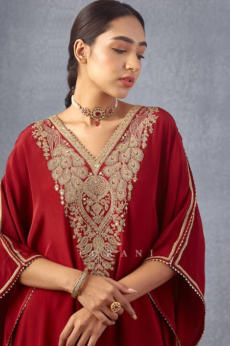 Torani_Red Silk Gota Patti V-neck Sindoori Ashni Kaftan And Pant Set _at_Aza_Fashions