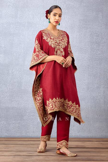 Torani_Red Cotton, Silk Embroidery V-neck Sindoori Aaira Kaftan And Pant Set _Online_at_Aza_Fashions