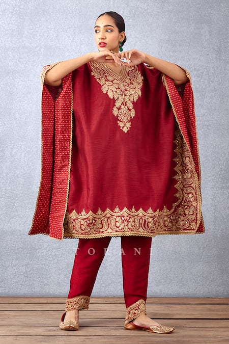 Buy_Torani_Red Cotton, Silk Embroidery V-neck Sindoori Aaira Kaftan And Pant Set _Online_at_Aza_Fashions
