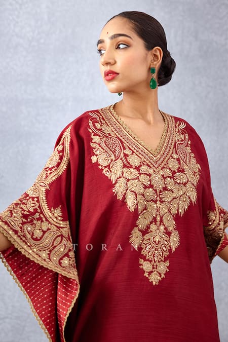 Shop_Torani_Red Cotton, Silk Embroidery V-neck Sindoori Aaira Kaftan And Pant Set _Online_at_Aza_Fashions