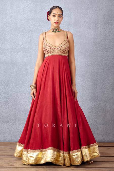 Torani Red Silk Embroidery Boat Neck Sindoori Rabia Jacket And Anarkali Set Online at Aza Fashions Torani_Red Silk Embroidery Boat Neck Sindoori Rabia Jacket And Anarkali Set _Online_at_Aza_Fashions