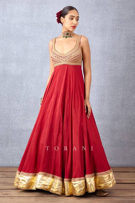 Buy Torani Red Silk Embroidery Boat Neck Sindoori Rabia Jacket And Anarkali Set Online at Aza Fashions Buy_Torani_Red Silk Embroidery Boat Neck Sindoori Rabia Jacket And Anarkali Set _Online_at_Aza_Fashions