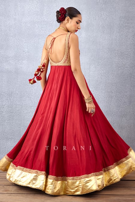 Shop Torani Red Silk Embroidery Boat Neck Sindoori Rabia Jacket And Anarkali Set Online at Aza Fashions Shop_Torani_Red Silk Embroidery Boat Neck Sindoori Rabia Jacket And Anarkali Set _Online_at_Aza_Fashions