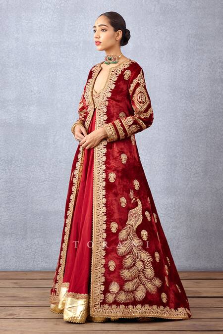 Torani Red Silk Embroidery Boat Neck Sindoori Rabia Jacket And Anarkali Set at Aza Fashions Torani_Red Silk Embroidery Boat Neck Sindoori Rabia Jacket And Anarkali Set _at_Aza_Fashions