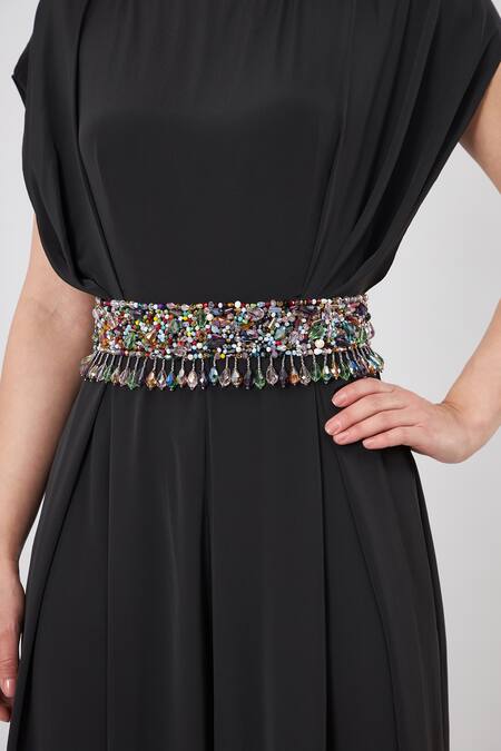 Aakaar_Black Silk Beads, Crystals Boat Neck Sara Round Jumpsuit With Belt _Online_at_Aza_Fashions