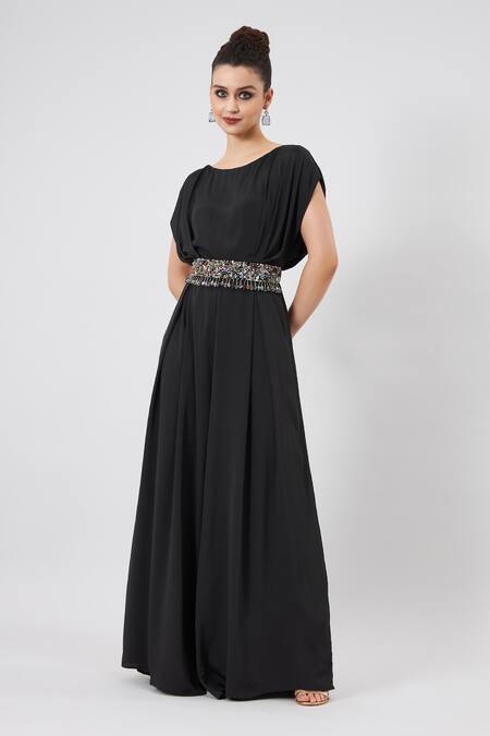 Shop_Aakaar_Black Silk Beads, Crystals Boat Neck Sara Round Jumpsuit With Belt _Online_at_Aza_Fashions