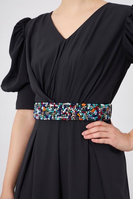 Aakaar_Black Silk Beads, Crystals V-neck Angel Sleeve Jumpsuit With Belt _Online_at_Aza_Fashions