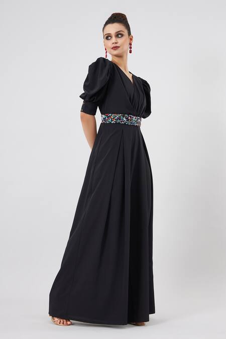 Buy_Aakaar_Black Silk Beads, Crystals V-neck Angel Sleeve Jumpsuit With Belt _Online_at_Aza_Fashions