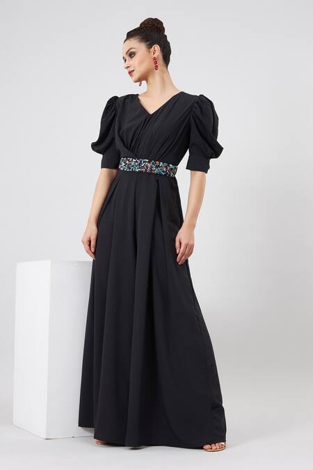 Shop_Aakaar_Black Silk Beads, Crystals V-neck Angel Sleeve Jumpsuit With Belt _Online_at_Aza_Fashions