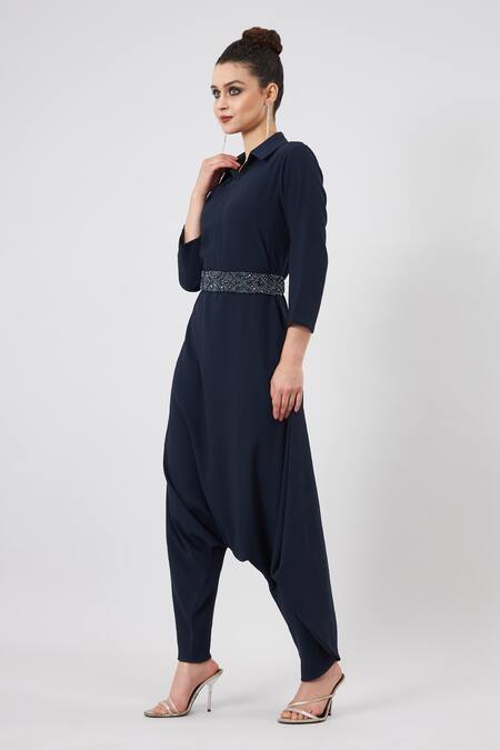 Buy_Aakaar_Blue Beads, Crystals Collared Neck Jumpsuit With Belt _Online_at_Aza_Fashions