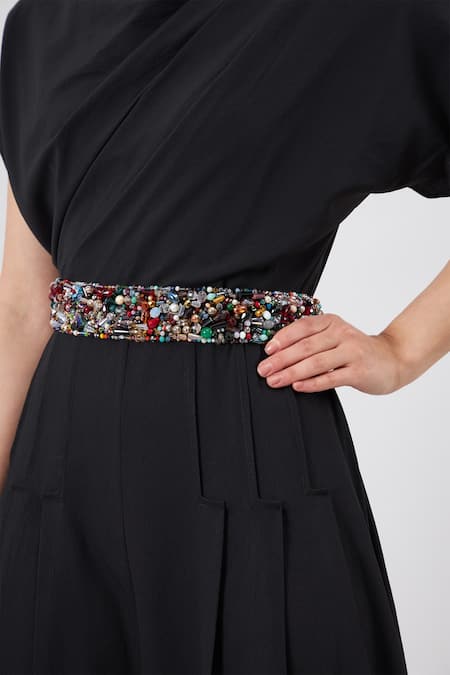 Aakaar_Black Crystals Round Neck Plain Draped Jumpsuit With Embellished Cluster Belt _Online_at_Aza_Fashions