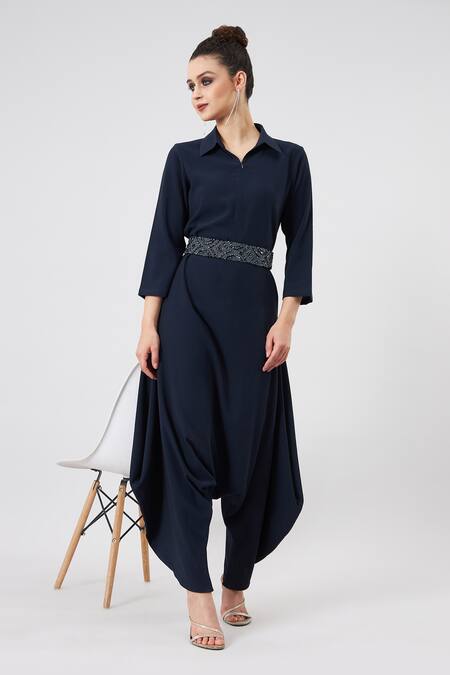 Shop_Aakaar_Blue Beads, Crystals Collared Neck Jumpsuit With Belt _Online_at_Aza_Fashions