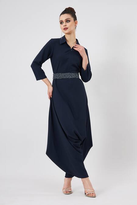 Aakaar_Blue Beads, Crystals Collared Neck Jumpsuit With Belt _at_Aza_Fashions