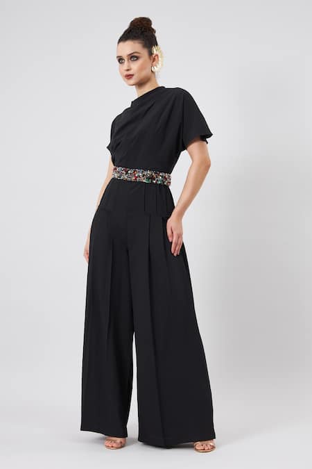 Buy_Aakaar_Black Crystals Round Neck Plain Draped Jumpsuit With Embellished Cluster Belt _Online_at_Aza_Fashions