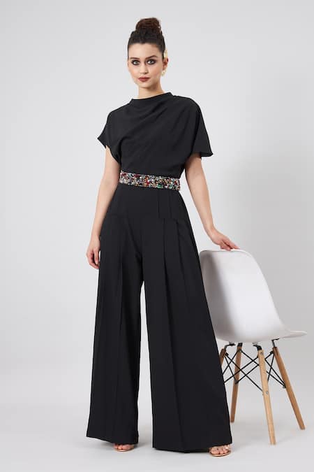 Shop_Aakaar_Black Crystals Round Neck Plain Draped Jumpsuit With Embellished Cluster Belt _Online_at_Aza_Fashions
