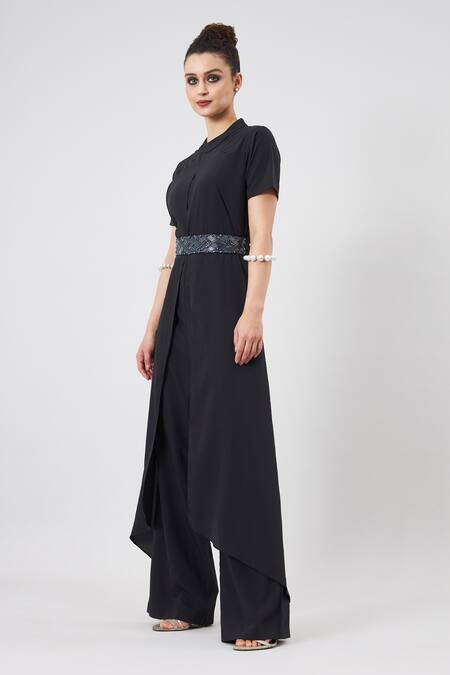 Shop Aakaar Black Crystals Bandeau Neck Draped Jumpsuit With Belt Online at Aza Fashions Shop_Aakaar_Black Crystals Bandeau Neck Draped Jumpsuit With Belt _Online_at_Aza_Fashions