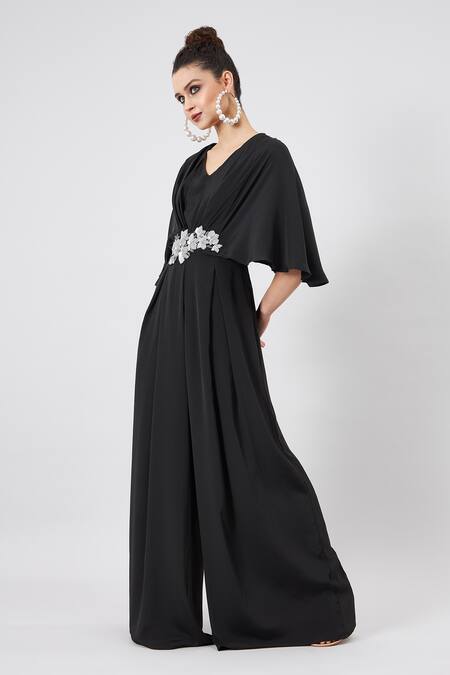 Buy Aakaar Black Silk, Crepe Sequins V-neck Noir Pleated Jumpsuit Online at Aza Fashions Buy_Aakaar_Black Silk, Crepe Sequins V-neck Noir Pleated Jumpsuit _Online_at_Aza_Fashions