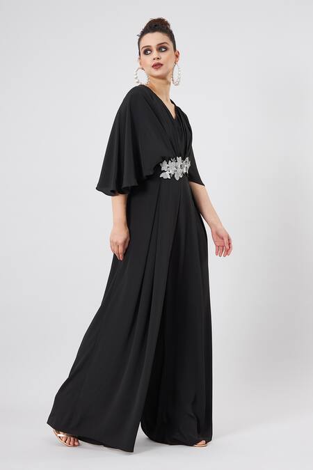 Shop Aakaar Black Silk, Crepe Sequins V-neck Noir Pleated Jumpsuit Online at Aza Fashions Shop_Aakaar_Black Silk, Crepe Sequins V-neck Noir Pleated Jumpsuit _Online_at_Aza_Fashions