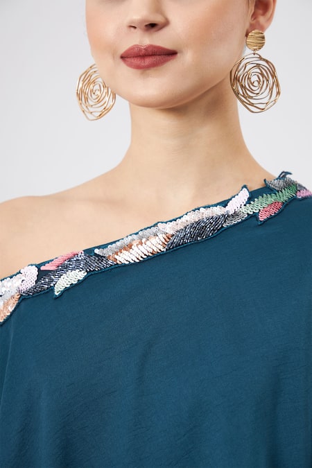 Aakaar Blue Cotton, Silk Sequins One Shoulder Asymmetrical Tunic And Flared Pant Set Online at Aza Fashions Aakaar_Blue Cotton, Silk Sequins One Shoulder Asymmetrical Tunic And Flared Pant Set _Online_at_Aza_Fashions