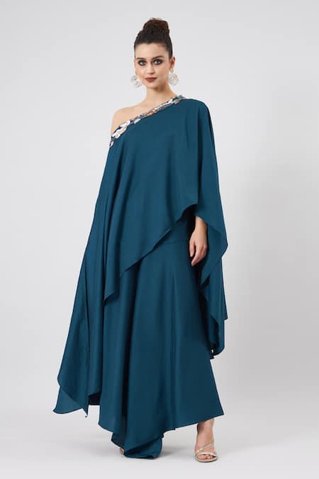 Buy Aakaar Blue Cotton, Silk Sequins One Shoulder Asymmetrical Tunic And Flared Pant Set Online at Aza Fashions Buy_Aakaar_Blue Cotton, Silk Sequins One Shoulder Asymmetrical Tunic And Flared Pant Set _Online_at_Aza_Fashions