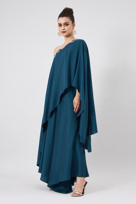 Shop Aakaar Blue Cotton, Silk Sequins One Shoulder Asymmetrical Tunic And Flared Pant Set Online at Aza Fashions Shop_Aakaar_Blue Cotton, Silk Sequins One Shoulder Asymmetrical Tunic And Flared Pant Set _Online_at_Aza_Fashions