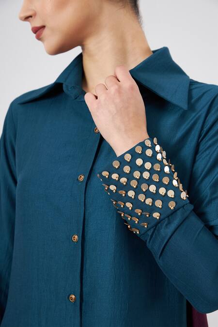 Aakaar Blue Cotton, Silk Embroidery Solid Button Down Tunic And Draped Pant Set Online at Aza Fashions Aakaar_Blue Cotton, Silk Embroidery Solid Button Down Tunic And Draped Pant Set _Online_at_Aza_Fashions