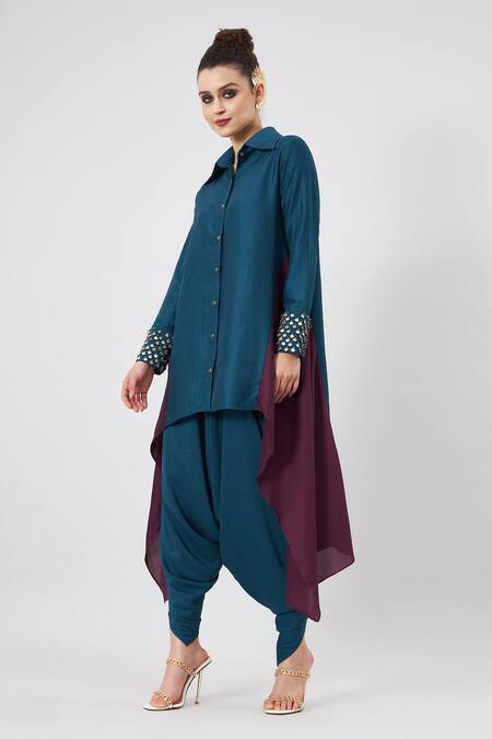 Buy Aakaar Blue Cotton, Silk Embroidery Solid Button Down Tunic And Draped Pant Set Online at Aza Fashions Buy_Aakaar_Blue Cotton, Silk Embroidery Solid Button Down Tunic And Draped Pant Set _Online_at_Aza_Fashions