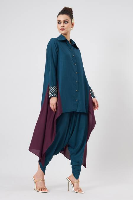 Shop Aakaar Blue Cotton, Silk Embroidery Solid Button Down Tunic And Draped Pant Set Online at Aza Fashions Shop_Aakaar_Blue Cotton, Silk Embroidery Solid Button Down Tunic And Draped Pant Set _Online_at_Aza_Fashions