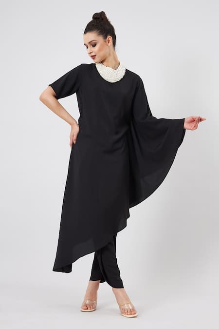 Shop_Aakaar_Black Modal Pearls Round Neck Embroidered Asymmetrical Kurta Set_Online_at_Aza_Fashions