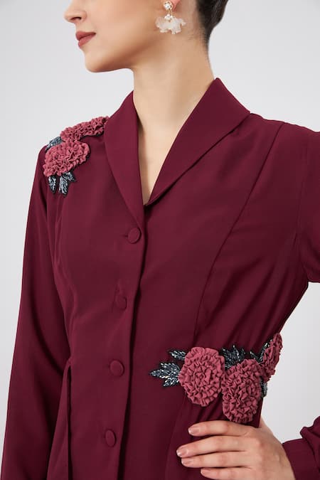 Aakaar_Wine Modal Embroidery Shawl Collar Blazer And Pant Set _Online_at_Aza_Fashions