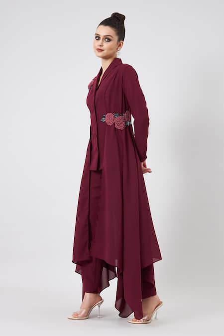 Buy_Aakaar_Wine Modal Embroidery Shawl Collar Blazer And Pant Set _Online_at_Aza_Fashions