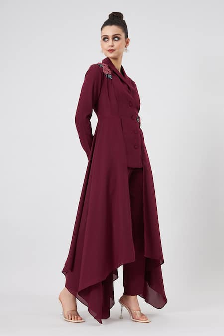 Shop_Aakaar_Wine Modal Embroidery Shawl Collar Blazer And Pant Set _Online_at_Aza_Fashions