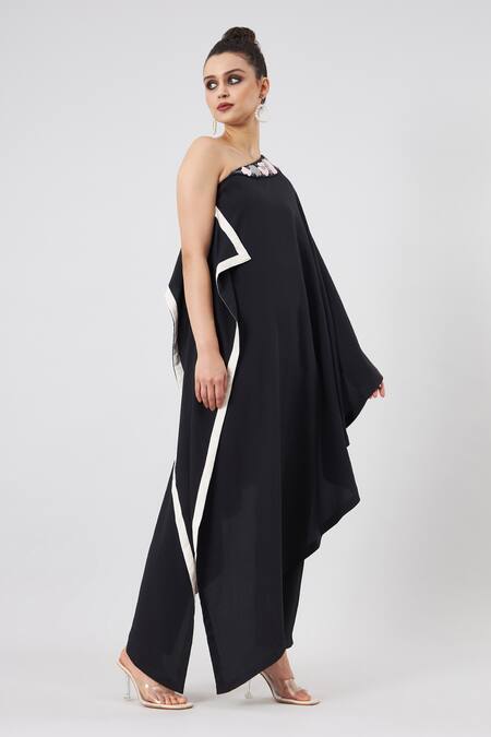 Shop_Aakaar_Black Shawl Neck Asymmetrical Bead Embellished Kaftan Set _Online_at_Aza_Fashions