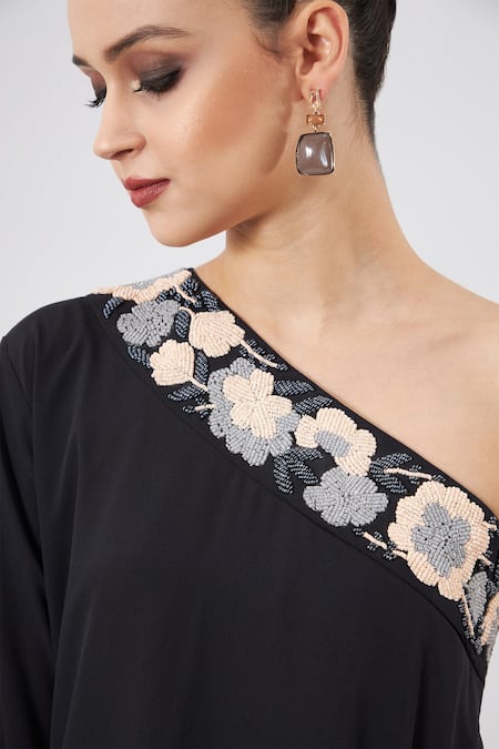 Aakaar Black Modal Embroidery Shawl Neck One Shoulder Asymmetrical Kaftan Pant Set Online at Aza Fashions Aakaar_Black Modal Embroidery Shawl Neck One Shoulder Asymmetrical Kaftan Pant Set _Online_at_Aza_Fashions