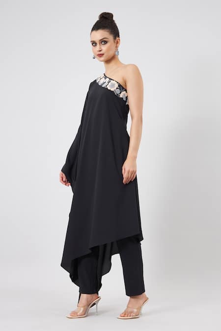 Shop Aakaar Black Modal Embroidery Shawl Neck One Shoulder Asymmetrical Kaftan Pant Set Online at Aza Fashions Shop_Aakaar_Black Modal Embroidery Shawl Neck One Shoulder Asymmetrical Kaftan Pant Set _Online_at_Aza_Fashions